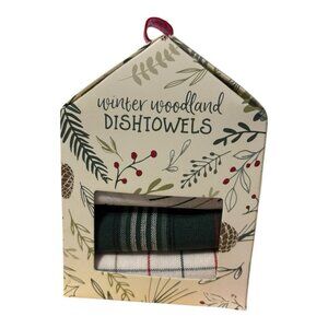 Robert Stanley Winter Wonderland Kitchen Towels Green Plaid Christmas Holly NEW